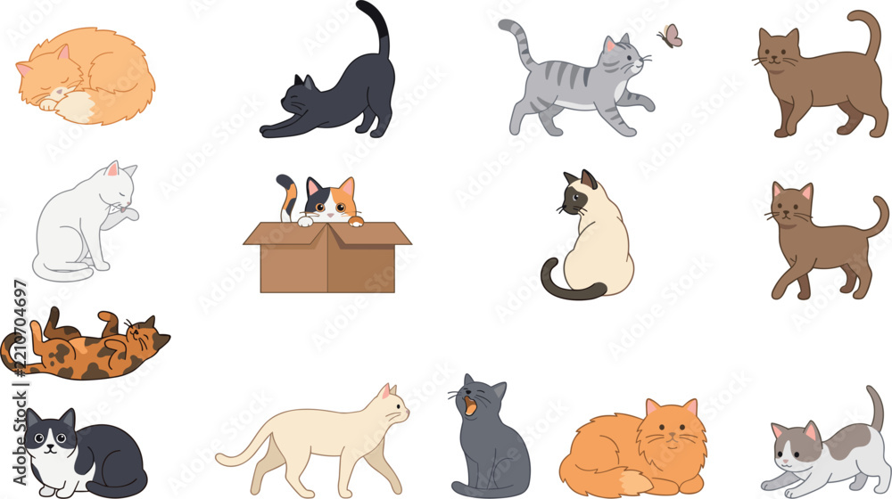 Obraz premium Cute Christmas Cat and Winter Holiday Celebration Element Cartoon Clipart Vector Icon Set