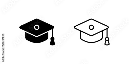 Graduation cap icons set in black filled and stroke minimalist design.