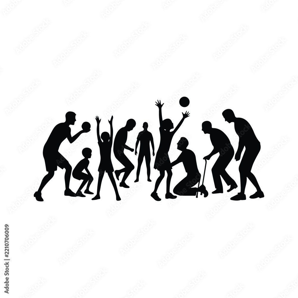 Obraz premium Silhouettes of diverse people playing sports and games together