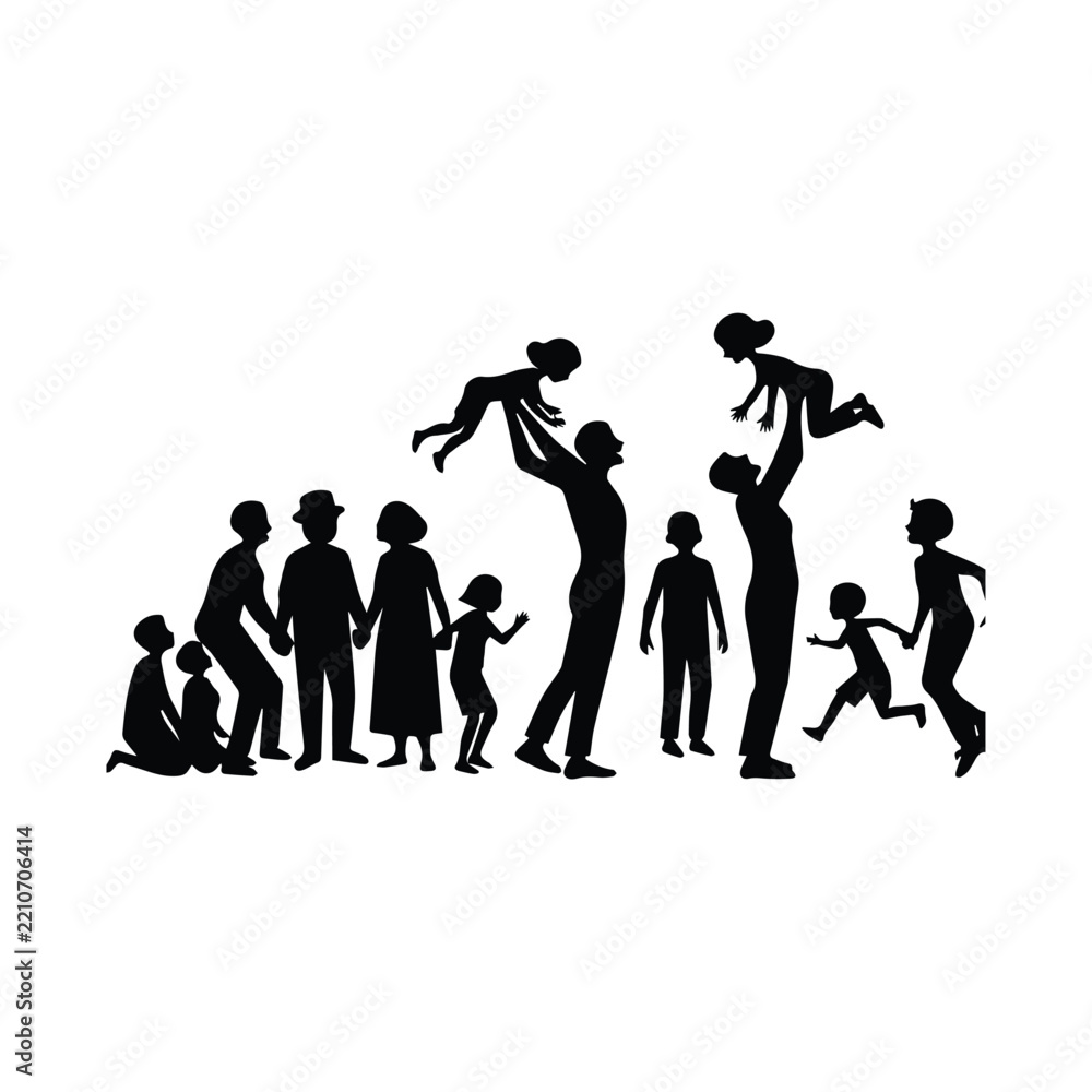 Fototapeta premium Family silhouette group playing together on a white background