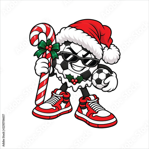 Christmas Soccer Mascot Wearing Santa Hat and Sunglasses