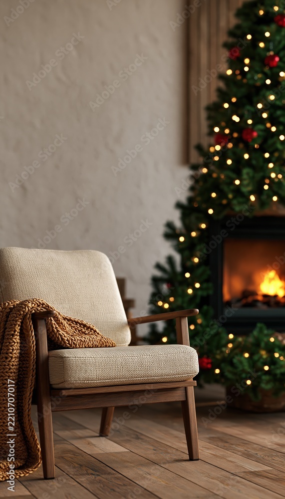 Obraz premium Cozy armchair with knitted blanket beside glowing Christmas tree and fireplace