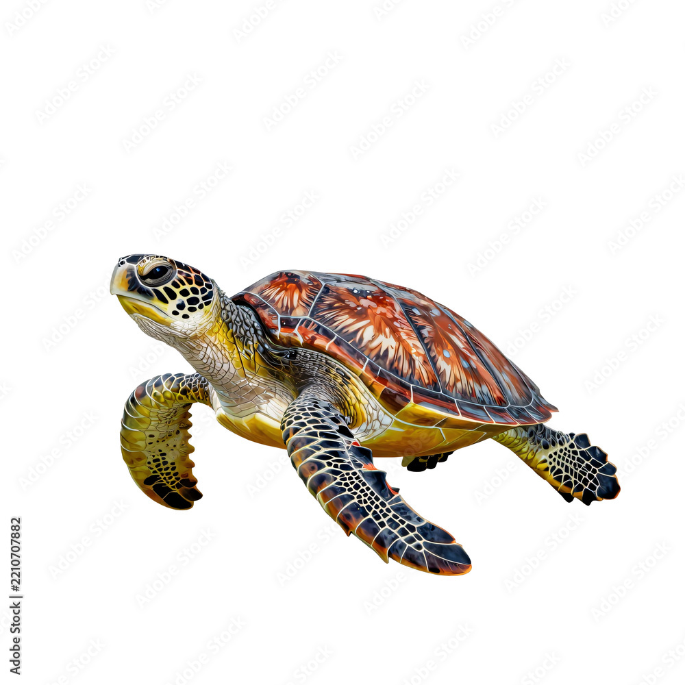 Fototapeta premium Sea turtle with colorful patterned shell swims gracefully underwater