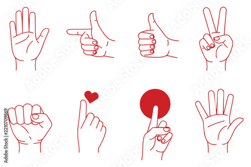 Red outline hand gesture set for communication and interface design including peace and thumbs up