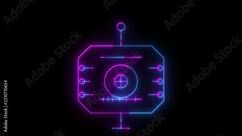 Purple and blue glowing digital interface panel with circular target reticle and telemetry graphs