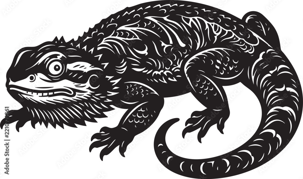 Fototapeta premium Detailed Black and White Engraved Illustration of a Lizard, resembling an Iguana or Monitor, with Spiky Scales