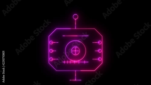 Glowing pink digital user interface icon with central target marker and geometric neon frame