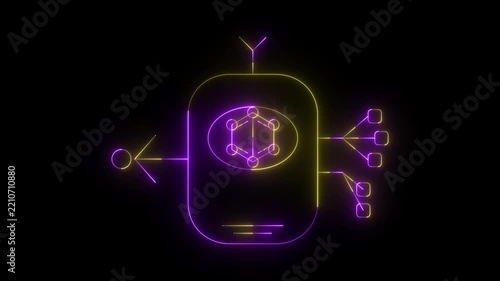 Abstract neon interface icon featuring a central node connected to multiple data network points