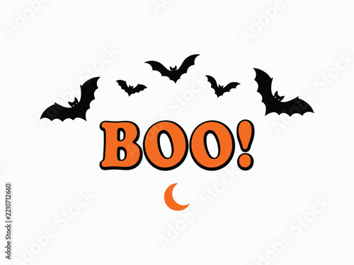 Fotografie Festive halloween illustration with the word boo and silhouettes of flying bats