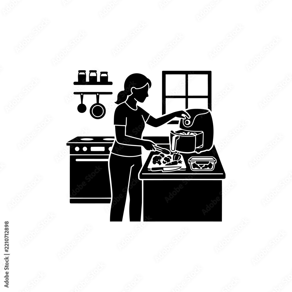 Fototapeta premium Woman cooking vegetables in air fryer on kitchen counter black silhouette vector illustration.