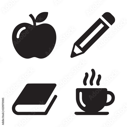 School Education Vector Icons Set Featuring Apple Pencil Book And Coffee Cup