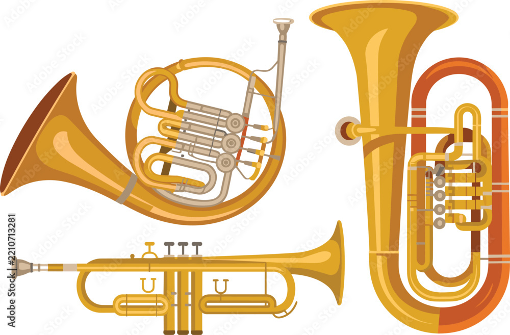 Fototapeta premium Vector collection of classic brass wind instruments featuring a detailed French horn, large tuba, and traditional trumpet isolated on white background