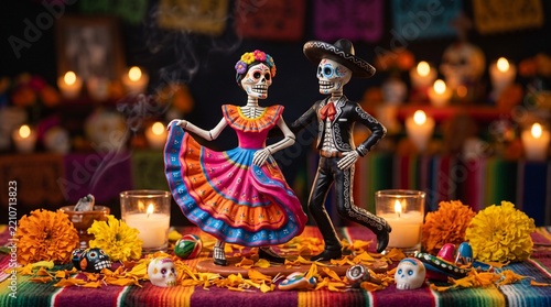 Skeleton figurines dancing, Day of the Dead skeleton figurines in traditional dress with candles and marigolds  