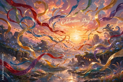 Magical Celebration Sunset with Flowing Ribbons Over Landscape