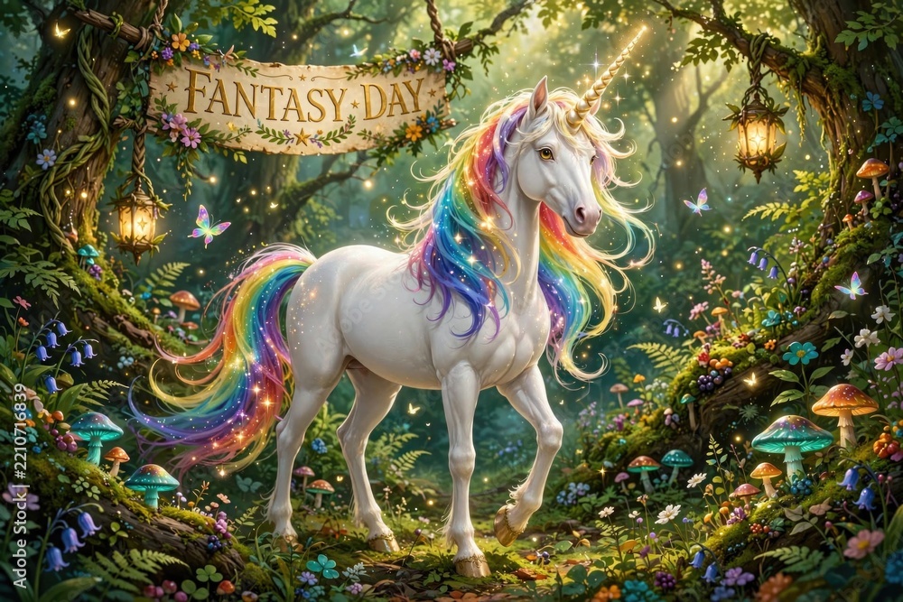 Fototapeta premium Mythical Unicorn in Enchanted Fantasy Forest Setting