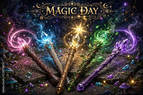 Mystic Magic Crystals and Runes on Dark Background