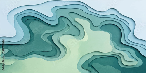 Abstract Green Blue Paper Cut Topographic Background with Layered Organic Shapes and Depth