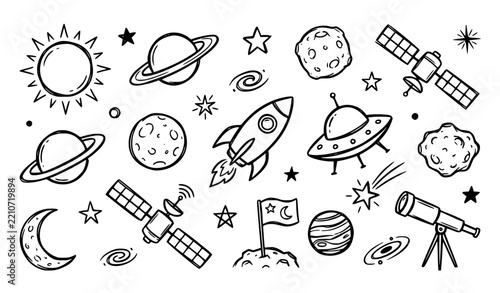 Space Icons Planets Rocket UFO and Telescope Hand Drawn Vector Set