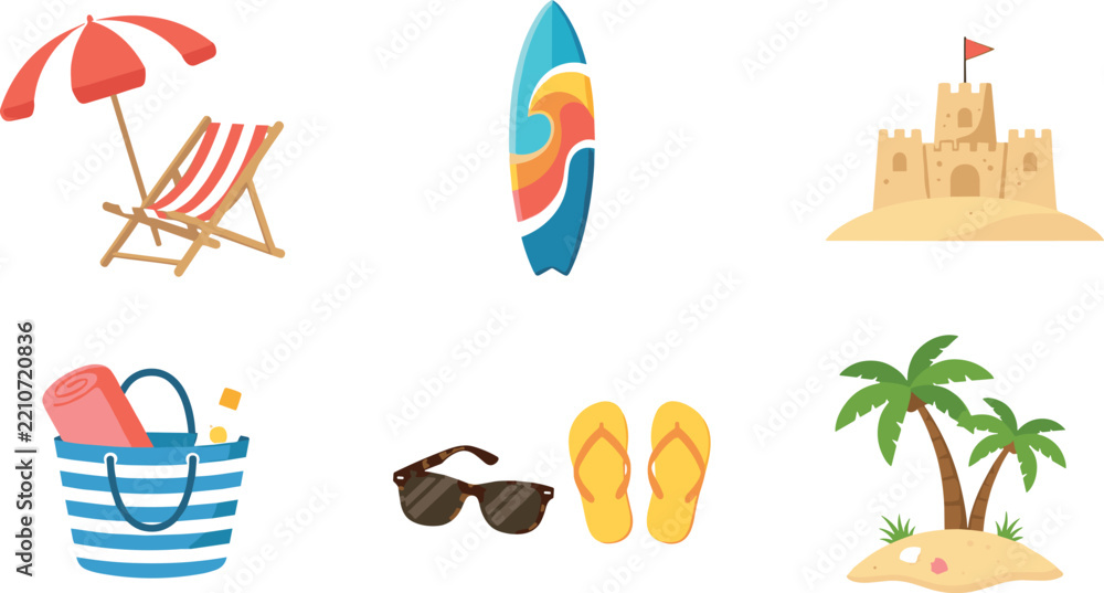 Fototapeta premium Summer beach vacation vector icons pack featuring surfboard deckchair sandcastle and palm trees isolated on white background