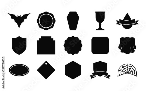 Collection of black badge silhouettes with various shapes and designs on a white background silhouette - 10