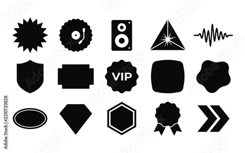 Collection of black badge silhouettes with various shapes and designs on a white background silhouette - 08