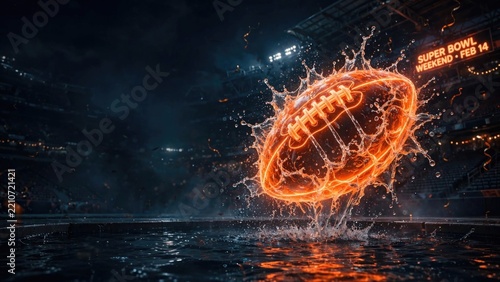 Glowing American Football with Energy Sparks and Water Splash