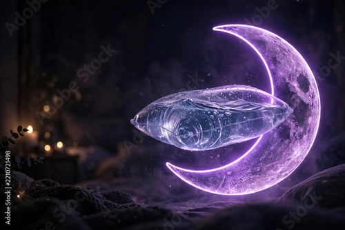 Glowing Crescent Moon with Floating Cosmic Orb in Deep Space