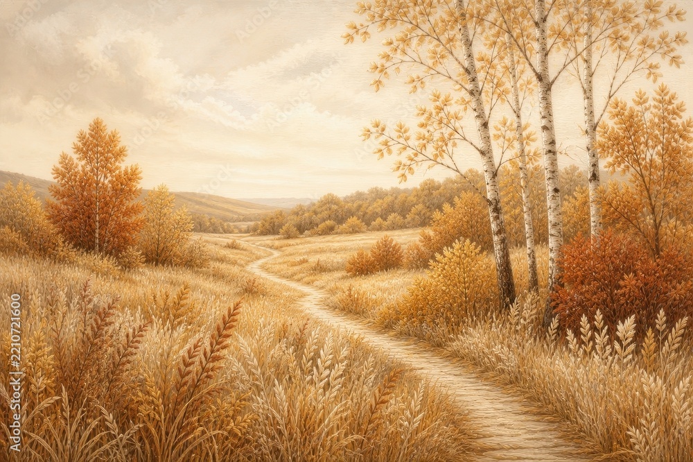 Obraz premium Golden autumn meadow landscape with winding path and birch trees