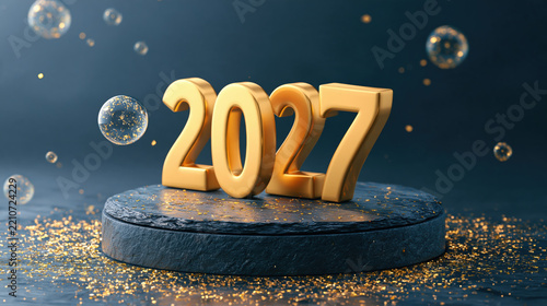 Golden 3D Year 2027 Numbers on Blue Stone Pedestal with Sparkle