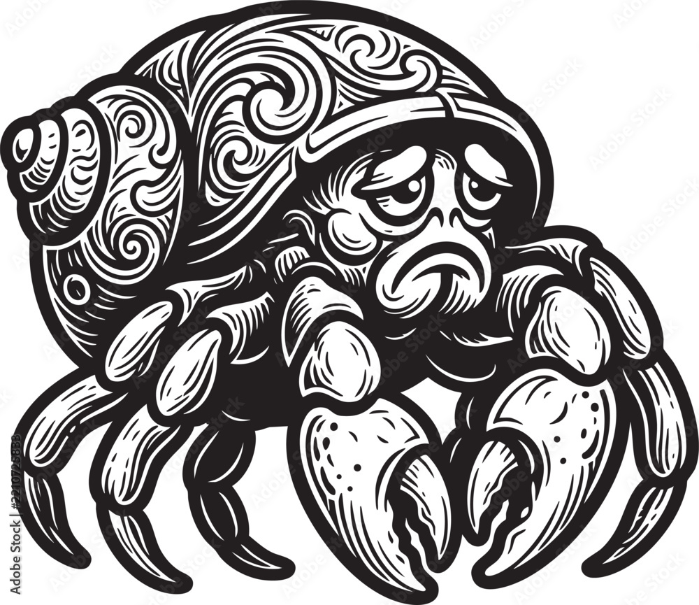 Fototapeta premium Charming Black and White Engraving Style Hermit Crab Illustration - Wild Animal Clipart (Pose 2)