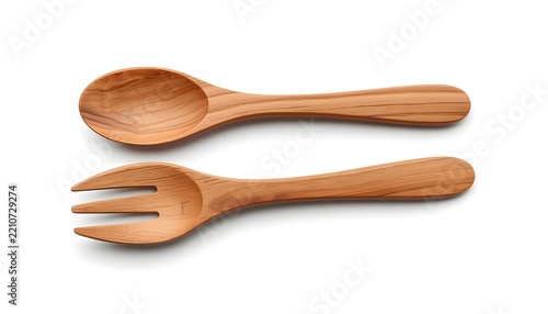 Wooden spoon and fork set on white background for eco-friendly