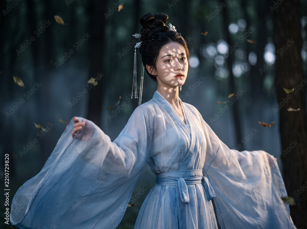 Fototapeta premium Young lady in pale cyan hanfu stands in misty forest, floating fallen leaves drift around with warm soft light filtering through trees.