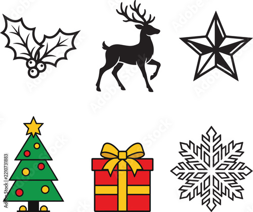 Christmas Holiday Vector Collection with Holly, Reindeer, Star, Tree, Gift Box and Snowflake