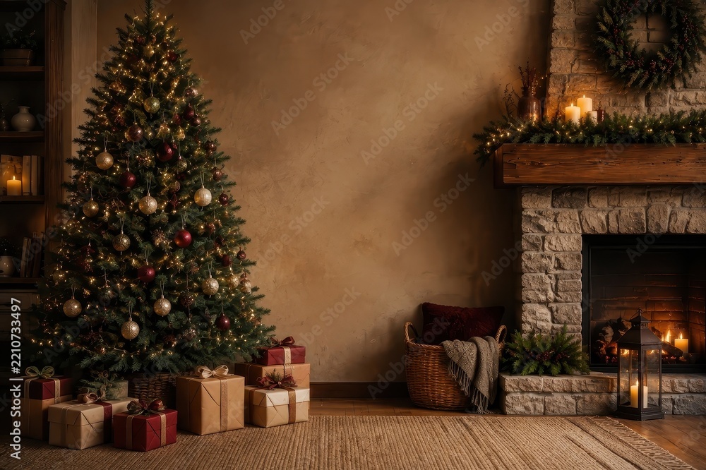 Obraz premium Cozy Christmas tree, gifts, glowing fireplace holiday interior