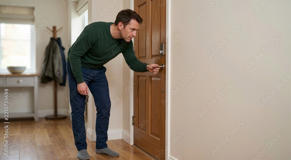 Fototapeta premium Man with OCD returning to check locked front door. Checking compulsions and persistent doubt