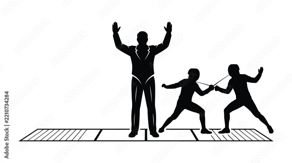 Obraz premium Fencing referee declaring winner of match with two competitors on piste vector illustration