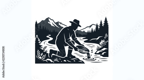Gold miner panning for gold in a mountain river vector graphic