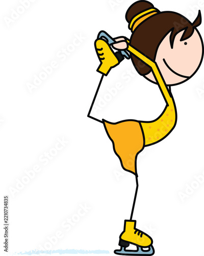 A cute vector illustration of a happy girl performing a professional figure skating pose in a yellow dress.