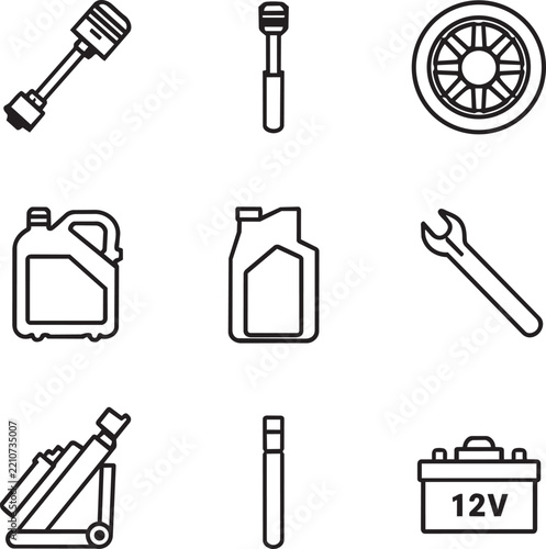 Automotive Components and Car Maintenance Tools Black Outline Vector Icon Set