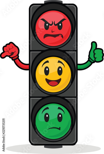 Cartoon Traffic Light Mascot with Happy and Angry Emoji Faces Vector Illustration
