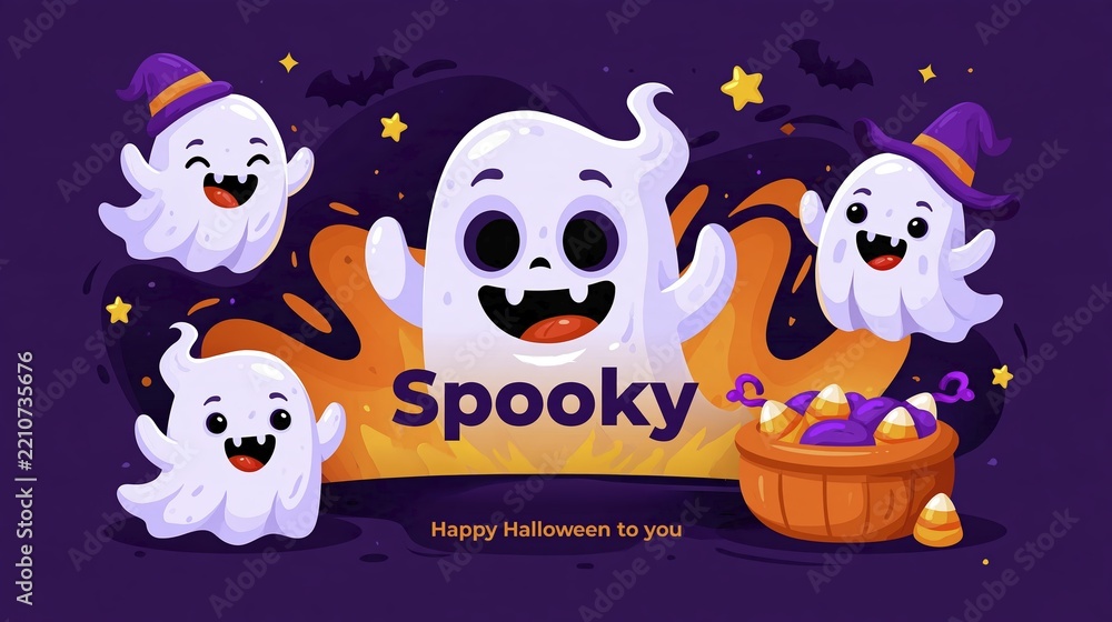 Obraz premium Cute ghost friends celebrating Halloween with candy bowl and festive decorations