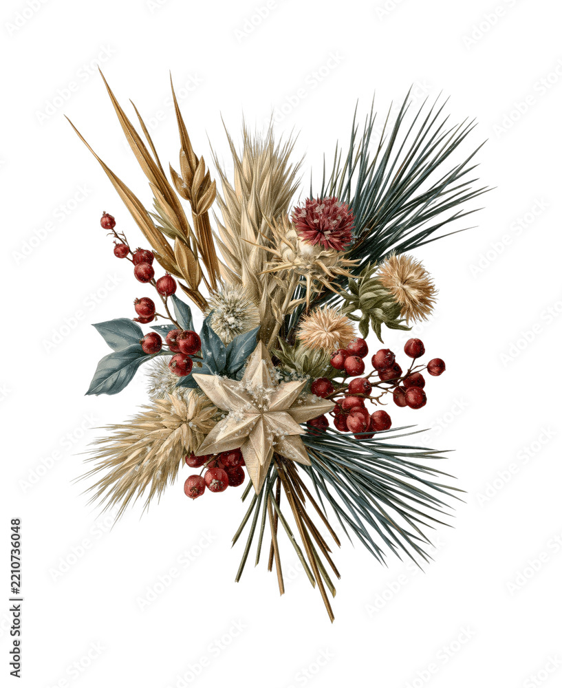 Obraz premium PNG Festive botanical arrangement with dried grasses, berries, and star ornament