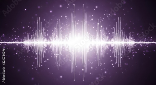 Glowing purple sound wave frequency visualization with floating particles on a dark background