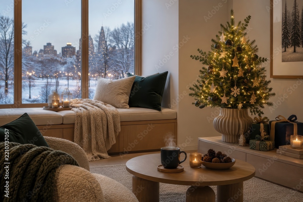Obraz premium Cozy Christmas living room with glowing tree and snowy city view