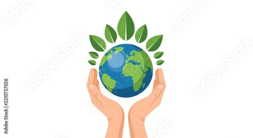 Human hands holding a globe surrounded by green leaves, environmental protection concept