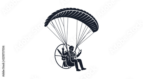 Vector silhouette of a paramotor pilot flying with a parachute wing and propeller engine