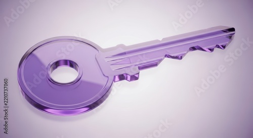 Single purple glass key 3D rendered security symbol on a light gray background