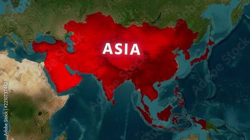 Asia continent highlighted in bright red on satellite map footage