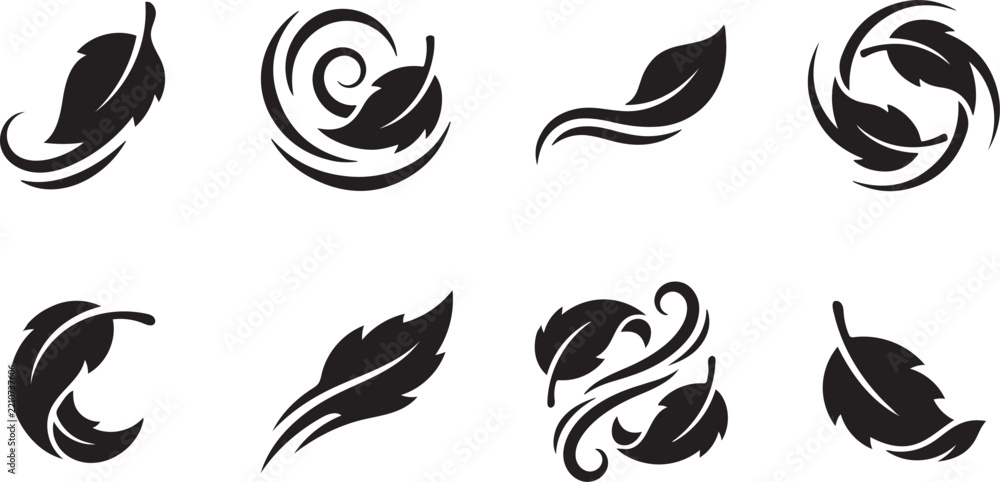 Fototapeta premium Set of abstract black leaf icons with swirling lines and dynamic floral elements on a clean white background