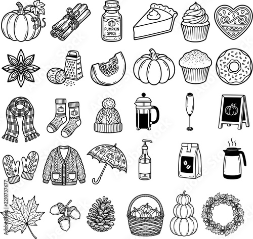 Autumn Pumpkin Spice Cozy Line Art Icon Set